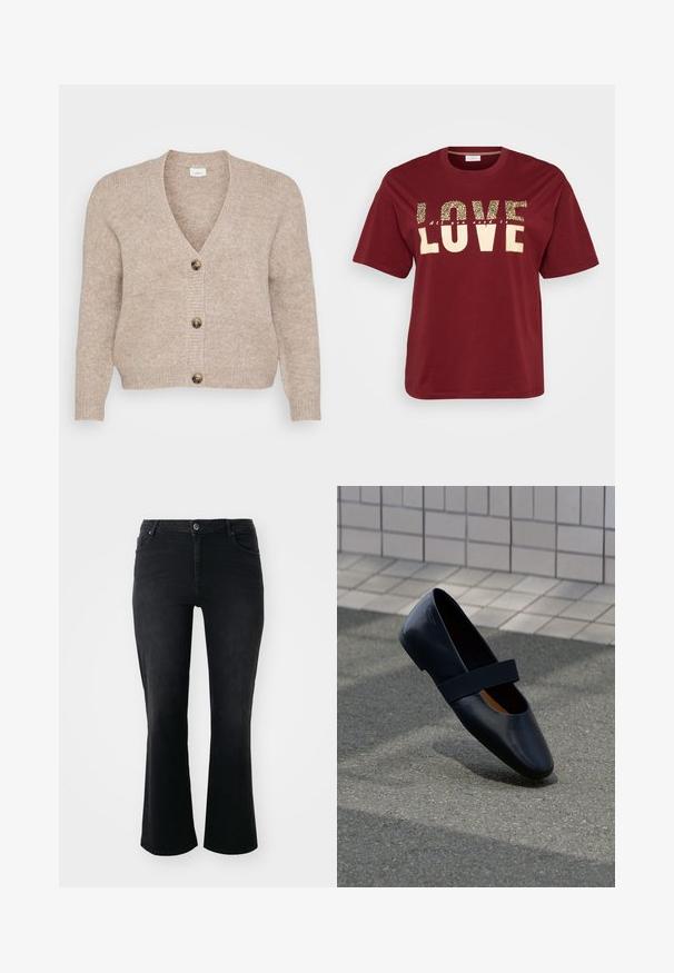 Beige gebreide cardigan met een V-hals, vijf bruine knopen aan de voorkant en geribbelde manchetten. Zachte textuur met een ontspannen pasvorm.; Bordeaux T-shirt met korte mouwen met "LOVE" in gouden en luipaardprint tekst. Eenvoudig ronde halsontwerp, zachte katoenen stof.; Zwarte denim jeans met een middelhoge taille, een knoop aan de voorkant, twee voorkruiszakken, twee achterzakken en een flared model.; Zwarte leren platte schoen met een ronde neus, voorzien van een zachte zwarte elastische band over de wreef. Gladde textuur en minimalistisch ontwerp.