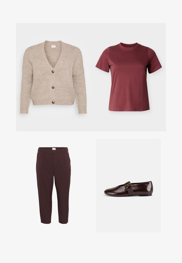 Cardigan en tricot beige avec un décolleté en V, cinq boutons marron sur le devant et des poignets côtelés. Texture douce avec une coupe décontractée.; T-shirt bordeaux à manches courtes en coton doux, avec un col rond et une texture lisse et uniforme sans motifs ni accents visibles.; Pantalons sur mesure bordeaux à coupe droite, dotés d'une fermeture par bouton, de passants de ceinture et de poches avant. Tissu lisse avec un subtil éclat.; Chaussure plate en cuir verni marron foncé avec une large bride à boucle dorée et un bout arrondi, présentée de profil sur fond blanc.
