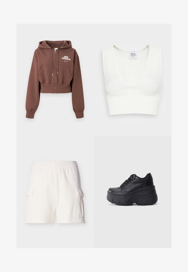 Ruskea lyhyt vetoketjullinen huppari, jossa on huppu, etutaskut, kiristysnauhat ja valkoinen "nike athletics" -logo vasemmassa rinnassa.; Valkoinen ribattu lyhythihainen crop-top, jossa on syvä V-pääntie ja leveät olkaimet. Tunnus näkyvissä brändin nimellä "BDG" ja koossa "S." Sujuva tekstuuri.; Valkoiset puuvillashortsit, joissa joustava vyötärönauha ja taskut molemmilla sivuilla, esitettynä yksinkertaisen vaalean taustan edessä.; Musta nauhallinen lenkkarit, joissa on paksu pohja, ja jotka sisältävät sileästä nahasta valmistetun yläosan, pyöreän kärjen ja erottuvan kerroksittain muotoillun pohjan.