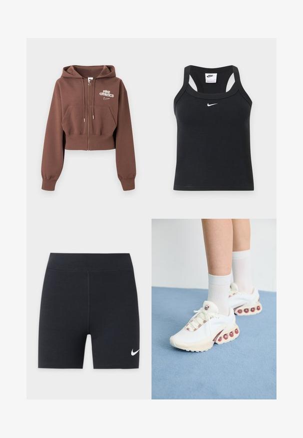 Hnedá skrátená mikina na zips s kapucňou, prednými vreckami, šnúrkami a bielym logom "nike athletics" na ľavej strane hrudníka.; Čierny Nike rebrovaný crop top s racerback strihom a bielym logom Nike swoosh umiestneným pod výstrihom.; Čierne športové šortky s bielym logom Nike swoosh na dolnej ľavej nohe, s vysokým pásom a stredovým predným švom.; Biele športové tenisky s štruktúrovaným zvrškom, ktoré majú ružový akcent na šnúrkach a veľké vzduchové bubliny v podrážke.