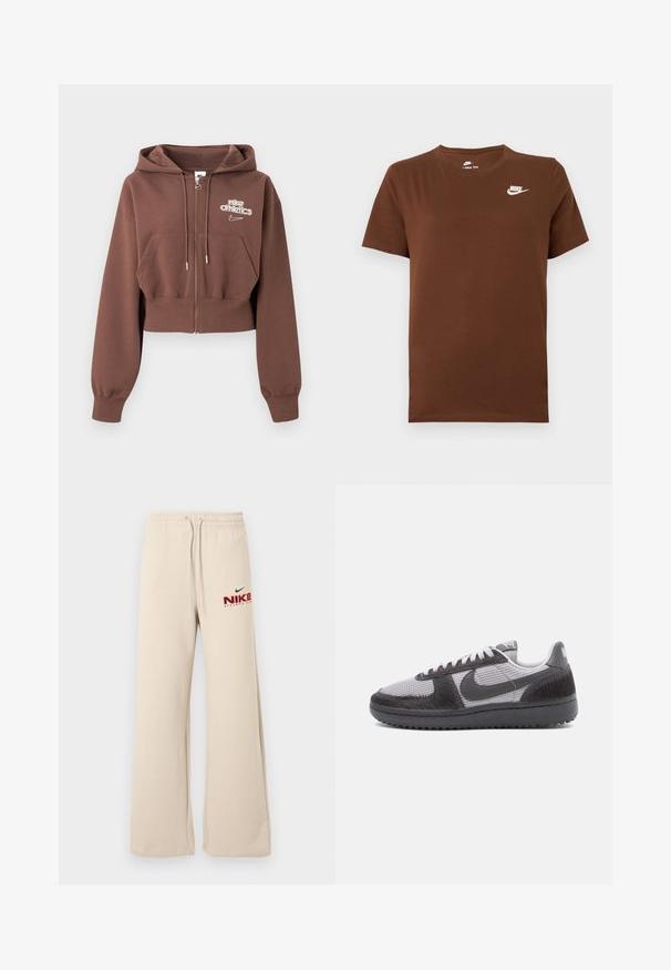 Sudadera marrón corta con cremallera y capucha, bolsillos delanteros, cordones y logo blanco "nike athletics" en el lado izquierdo del pecho.; Camiseta Nike marrón de manga corta con logo blanco de Nike en el pecho izquierdo y cuello redondo, mostrada sobre un fondo liso.; Pantalones deportivos beige sueltos con cintura elástica y cordones, con el logo rojo y negro de Nike Athletic Club en el muslo izquierdo.; Zapatilla baja con tejido de malla gris, superposiciones texturizadas negras, suela negra, cordones blancos y un swoosh negro de Nike en el costado.