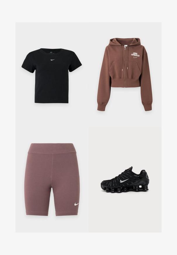 Brun cropped hættetrøje med lynlås, hætte, forlommer, snore og hvid "nike athletics"-logo på venstre bryst.; Sort ribbet t-shirt med korte ærmer, der har et lille hvidt Nike-logo på brystet og en rund halsudskæring.; Bikershorts i en afdæmpet mauvefarve, lavet af elastisk stof. Har en høj talje og en lille hvid Nike swoosh-logo.; Sort Nike sportssko med sølv Swoosh-logo, mesh og syntetisk overdel, og en karakteristisk segmenteret polstret sål.