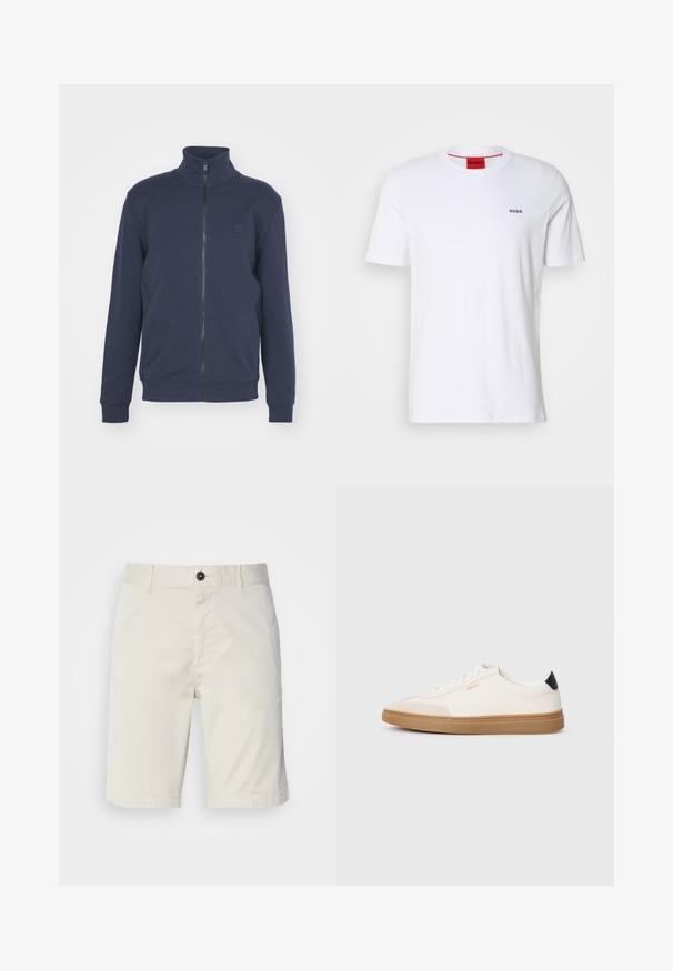 Sweat à zip marine avec col haut, poignets côtelés et ourlet. Présente un petit logo en relief sur la poitrine, confectionné en doux mélange de coton.; T-shirt en coton blanc à manches courtes, avec un col rond et un petit logo noir "HUGO" sur la poitrine gauche. Étiquette intérieure rouge au niveau du col.; Shorts beige clair en coton, dotés d'une fermeture à bouton, de poches avant et d'un ourlet cousu. Texture lisse avec un design décontracté.; Des baskets blanches avec des accents beiges, un dessus en cuir lisse, un bout arrondi et une semelle en caoutchouc beige, avec une languette de talon noire et un branding subtil.