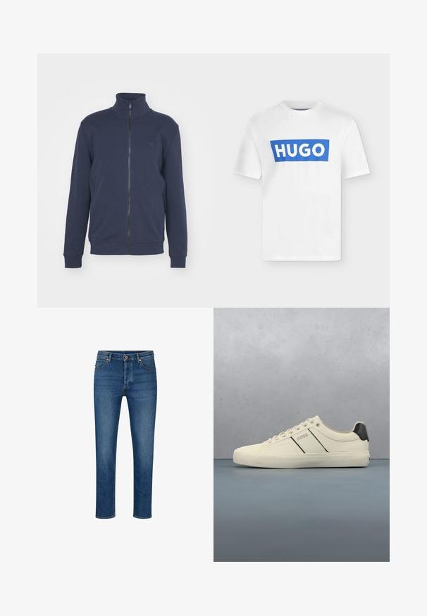 Marine blauwe rits-sweater met een hoge kraag, ribgebreide manchetten en onderkant. Bevat een klein reliëflogo op de borst, gemaakt van een zachte katoenmix.; Witte T-shirt met korte mouwen en een blauw rechthoekig logo met de tekst "HUGO" in het midden van de borst.; Blauwe denim jeans met een rechte pasvorm, voorzien van vijf zakken, riemlussen en een knoopsluiting. Lichte wassing en contrasterende stiksels.; Crème-kleurige sneakers met een gladde textuur, voorzien van zwarte accenten en branding. Tijdloos vetersysteem met een ronde neus en rubberen zool.