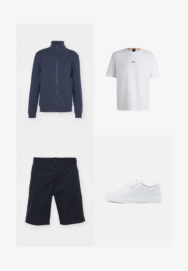 Sweat à zip marine avec col haut, poignets côtelés et ourlet. Présente un petit logo en relief sur la poitrine, confectionné en doux mélange de coton.; T-shirt en coton blanc à manches courtes, avec un logo noir "BOSS" centré sur la poitrine et un design à col rond.; Shorts en coton bleu marine avec une fermeture à bouton, coupe droite et poches avant. Présente une texture lisse et un design simple.; Baskets blanches en cuir avec une texture lisse, bout rond et coutures tonales. Possède des lacets bleus et un logo doré sur le côté.