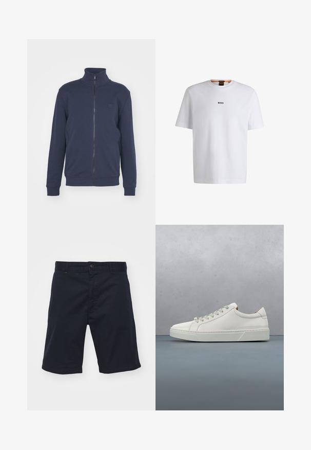 Marineblauer Zip-Hoodie mit hohem Kragen, gerippten Bündchen und Saum. Mit einem kleinen geprägten Logo auf der Brust, aus weichem Baumwoll-Mix gefertigt.; Weißes Baumwoll-T-Shirt mit kurzen Ärmeln, ausgestattet mit einem schwarzen "BOSS"-Logo, das mittig auf der Brust platziert ist, und einem runden Halsausschnitt.; Navyblaue Baumwollshorts mit Knopfverschluss, geradem Schnitt und Seitentaschen. Sie verfügen über eine glatte Textur und ein schlichtes Design.; Weißes Leder-Sneaker mit abgerundetem Zehenbereich, minimalistisches Design, graue Schnürsenkel und einer strukturierten grauen Gummisohle. Dezente Nähte sichtbar.