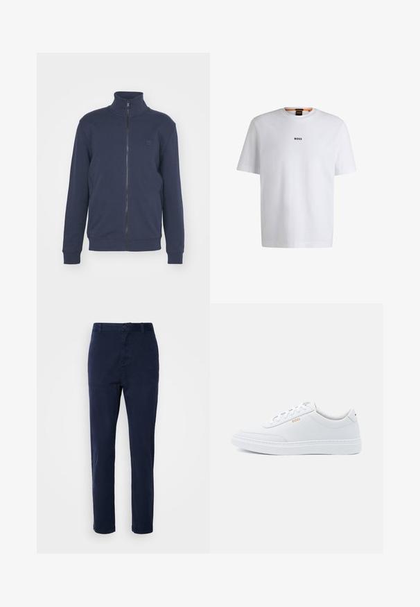 Marineblå zip-up sweatshirt med høj krave, ribbet ved håndled og kant. Udstyret med et lille præget logo på brystet, lavet af blødt bomuldsblandingsmateriale.; Hvid bomuld T-shirt med korte ærmer, med et sort "BOSS" logo centreret på brystet og en rund halsudskæring.; Mørkeblå chinos lavet af letvægtsstof, med lige ben-design, knaplukning og sidelommer. Glat tekstur uden mønstre.; Hvide lædersneakers med glat tekstur, rund tå og ton-i-ton syning. Har blå snørebånd og et gult logo på siden.