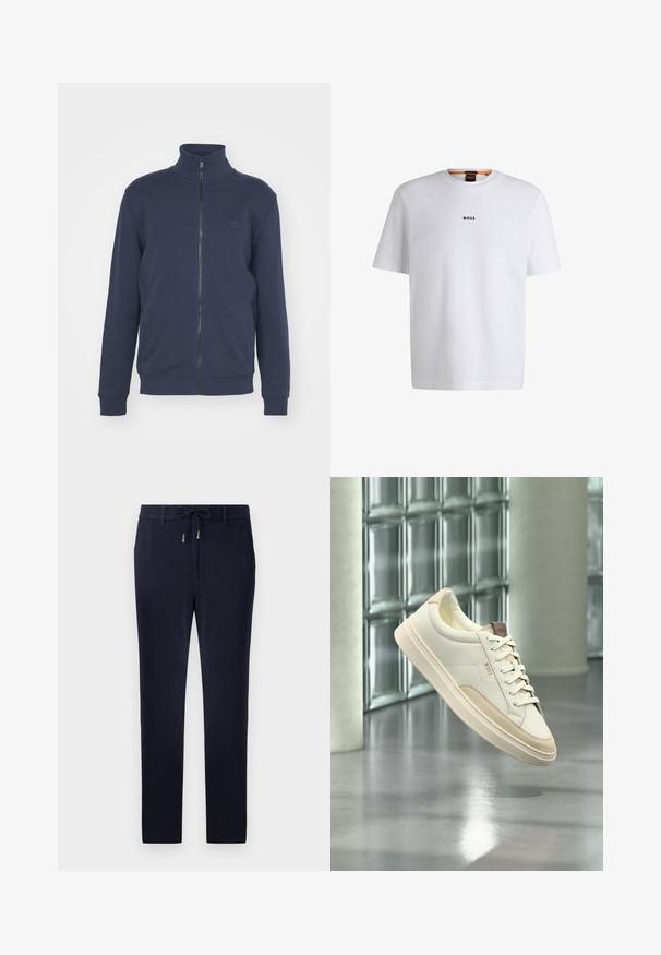 Sudadera con cremallera en color azul marino, con cuello alto, puños acanalados y dobladillo. Presenta un pequeño logo en relieve en el pecho, fabricada en una suave mezcla de algodón.; Camiseta de algodón blanca de manga corta, con un logotipo negro "BOSS" centrado en el pecho y un diseño de cuello redondo.; Pantalones azul marino con cintura ajustable, diseño ajustado y tejido de textura suave. Sin patrones ni acentos visibles.; Zapatilla blanca de perfil bajo con detalles y cordones beige, con la marca "BOSS", flotando sobre un suelo pulido con una pared de bloques de vidrio al fondo.