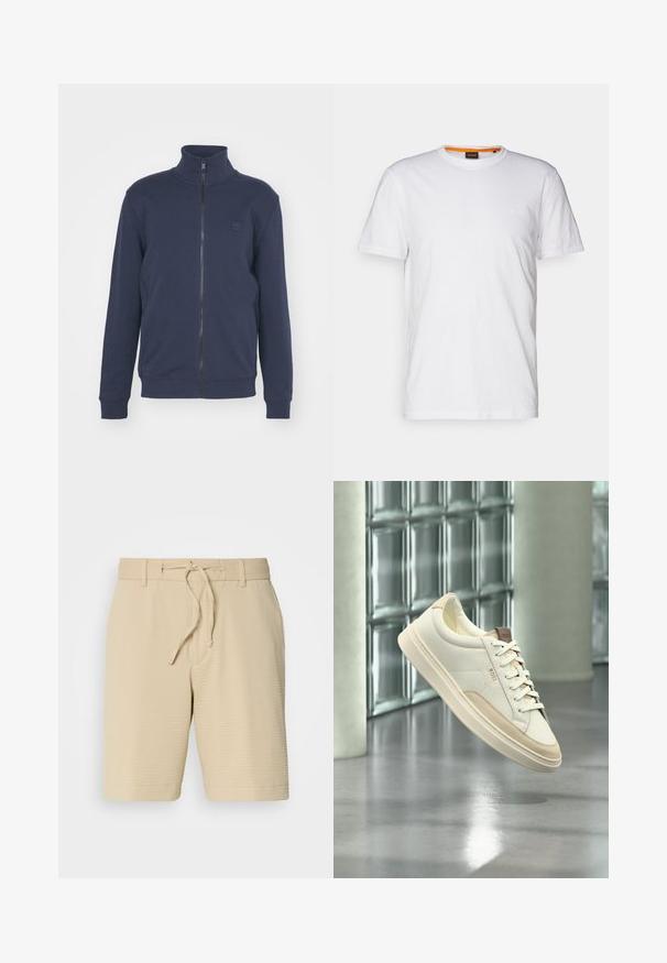 Marineblå zip-up sweatshirt med høj krave, ribbet ved håndled og kant. Udstyret med et lille præget logo på brystet, lavet af blødt bomuldsblandingsmateriale.; Hvid bomulds T-shirt med rund hals, korte ærmer og et subtilt præget logo på brystet. Indvendigt mærke har en orange detalje.; Beige shorts lavet af tekstureret stof, med en elastisk talje med snøre og sidelommer for funktionalitet.; Hvid lavtop sneaksko med beige accenter og snørebånd, mærket "BOSS", svæver over en poleret gulv med en glasblokvæg i baggrunden.