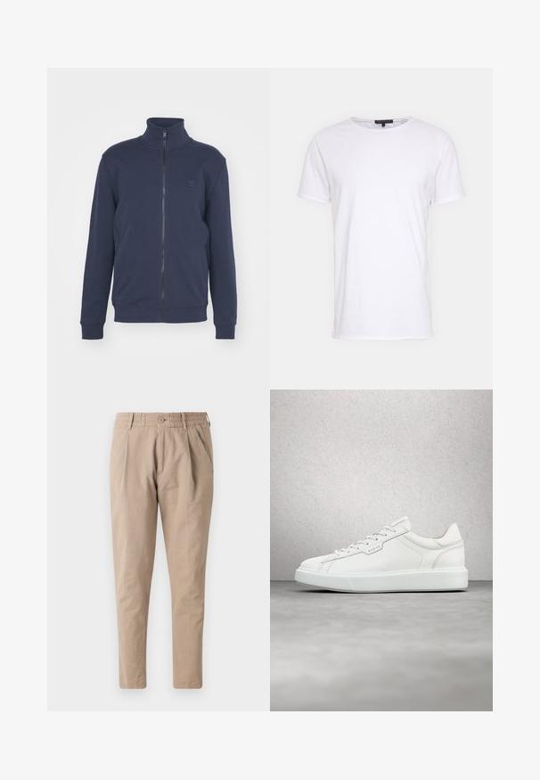 Marineblå zip-up sweatshirt med høj krave, ribbet ved håndled og kant. Udstyret med et lille præget logo på brystet, lavet af blødt bomuldsblandingsmateriale.; Hvid bomulds t-shirt med rund halsudskæring, korte ærmer og lige snit. Har en enkel, glat overflade uden yderligere mønstre.; Beige bomuldsbukser med afslappet pasform, elastisk talje, knaplukning og sidelommer. Glat tekstur, tapered ben design.; Hvide lædersneakers med rund tå, flad snørebåndslukning og grå gummisål. Har diskrete syninger og et logoplacering.