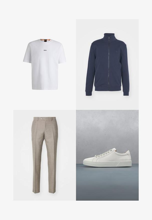 Sweat à zip marine avec col haut, poignets côtelés et ourlet. Présente un petit logo en relief sur la poitrine, confectionné en doux mélange de coton.; T-shirt en coton blanc à manches courtes, avec un logo noir "BOSS" centré sur la poitrine et un design à col rond.; Pantalons taillés beiges avec une finition en relief, dotés d'une fermeture à bouton et de deux poches latérales. Design structuré avec une silhouette à jambe droite.; Baskets en cuir blanc avec un bout arrondi, design minimaliste, lacets gris et semelle en caoutchouc gris texturé. Détails de couture subtils visibles.