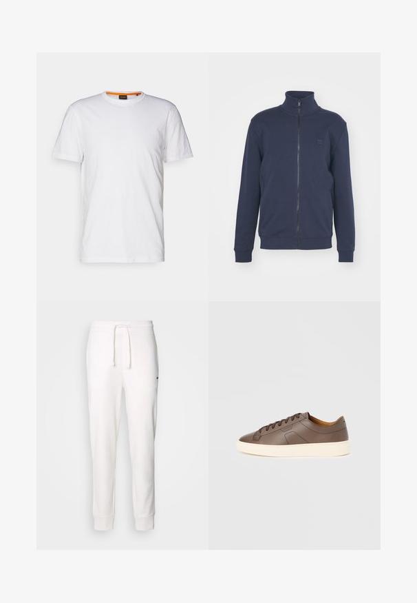 Marine blauwe rits-sweater met een hoge kraag, ribgebreide manchetten en onderkant. Bevat een klein reliëflogo op de borst, gemaakt van een zachte katoenmix.; Witte katoenen T-shirt met ronde hals, korte mouwen en een subtiel reliëflogo op de borst. Het binnenlabel heeft een oranje accent.; Witte katoenen sweatpants met een elastische tailleband, een trekkoord en ribbelmanchetten. Heeft een klein zwart logo aan de zijkant.; Bruine leren sneaker met een gladde textuur, contrasterende crèmekleurige buitenzool, ronde neus en donkerbruine veters; heeft een subtiel geperst logo.