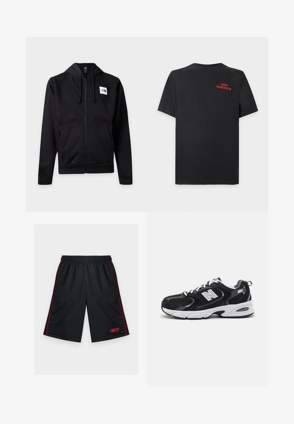 Sweat à capuche noir zippé avec poches avant, capuche à cordon et logo rectangulaire blanc sur la poitrine gauche.; T-shirt noir à manches courtes avec un logo rouge "new balance" sur la poitrine gauche, présenté sur un fond gris clair uni.; Shorts de sport en mesh noir avec des bandes rouges sur les côtés et un motif de flamme rouge près de l'ourlet inférieur, ceinture élastique, poches latérales zippées.; Baskets de sport noires et grises avec un tige en mesh et en suède, présentant une semelle intermédiaire blanche, des lacets et un logo "N" audacieux sur le côté.