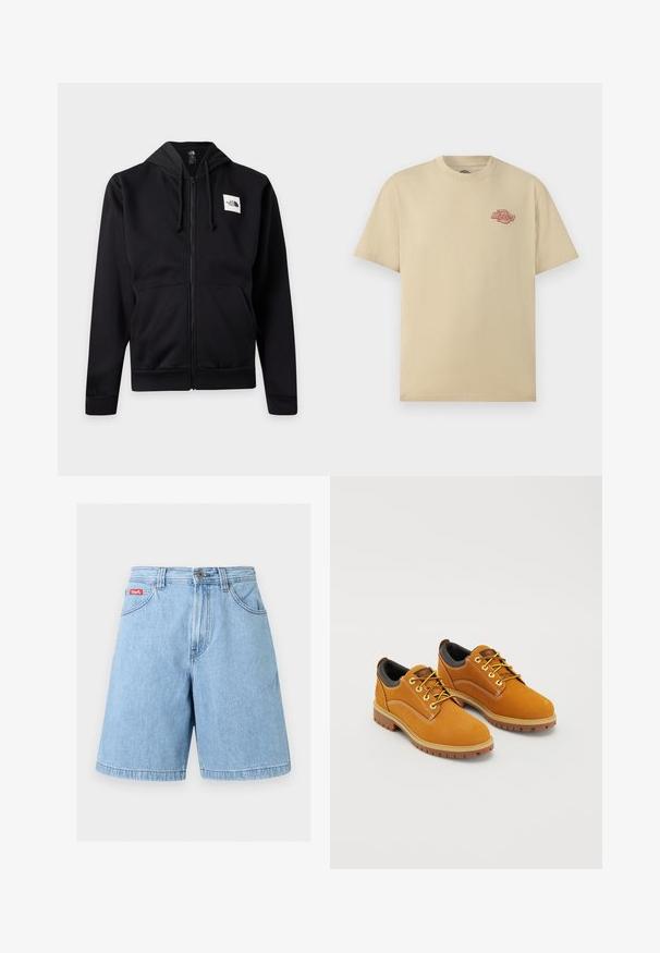 Sweat à capuche noir zippé avec poches avant, capuche à cordon et logo rectangulaire blanc sur la poitrine gauche.; T-shirt beige à manches courtes avec col rond, petit logo rouge "Dickies" sur la poitrine gauche.; Short en denim bleu clair avec fermeture avant par bouton et zip, passants de ceinture et poches avant, présenté sur un fond uni.; Chaussures en daim marron avec un bout rond, des lacets jaunes, un col rembourré noir et des semelles en caoutchouc avec des rainures de traction.