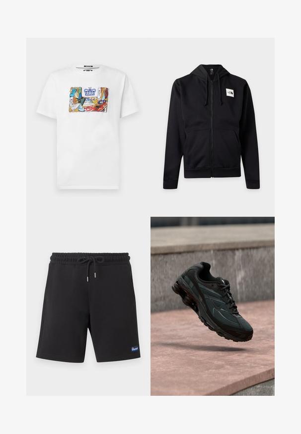 Sweat à capuche noir zippé avec poches avant, capuche à cordon et logo rectangulaire blanc sur la poitrine gauche.; T-shirt blanc avec un graphique de baskets colorées formant la forme d'un logo rectangulaire surmonté d'une couronne bleue.; Shorts décontractés noirs avec taille élastique, cordon de serrage, poches latérales et une petite étiquette logo bleue sur la jambe inférieure gauche.; Baskets athlétiques noires avec une semelle intercalaire à coussin d’air visible flottant au-dessus d’une surface en pierre rose avec un mur en pierre gris en arrière-plan.