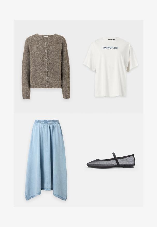 Cardigan en tricot texturé marron avec un col rond et six boutons sur le devant. Manches longues et ourlet côtelé.; T-shirt blanc à manches courtes avec texte bleu "NAPAPIJRI" imprimé sur la poitrine, présenté sur un fond clair uni.; Jupe en denim bleu clair avec une taille élastique et un ourlet asymétrique, suspendue sur un fond blanc uni.; Ballerines en maille noire avec un bout pointu, dotées d'une fine bride sur le cou-de-pied et d'une semelle en caoutchouc plate. Design léger et respirant.