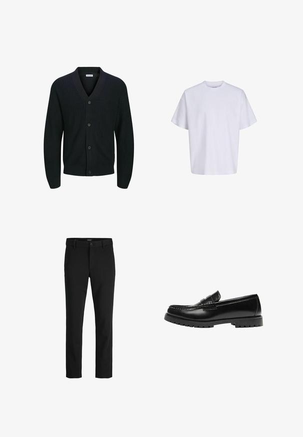 Cardigan en tricot noir avec un col en V, fermeture à cinq boutons à l'avant et texture côtelée. Les manches sont légèrement cintrées au niveau des poignets.; T-shirt blanc uni oversize à manches courtes, col rond et coupe ample sur fond blanc.; Pantalon noir slim-fit avec passants pour ceinture, fermeture par bouton et devant lisse.; Mocassin en cuir noir avec une semelle en caoutchouc épaisse et un détail classique de bride à monnaie, vu de côté extérieur.