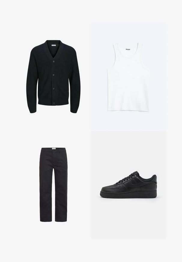 Cardigan en tricot noir avec un col en V, fermeture à cinq boutons à l'avant et texture côtelée. Les manches sont légèrement cintrées au niveau des poignets.; Débardeur blanc sans manches avec col rond et étiquette de la marque Weekday à l'intérieur du col arrière, présenté à plat sur un fond clair.; Pantalons en coton noir avec une coupe droite, dotés d'une fermeture à bouton sur le devant, de passants de ceinture et d'une finition minimale.; Nike Sportswear AIR FORCE 1 07 FLYEASE - Baskets basses - black