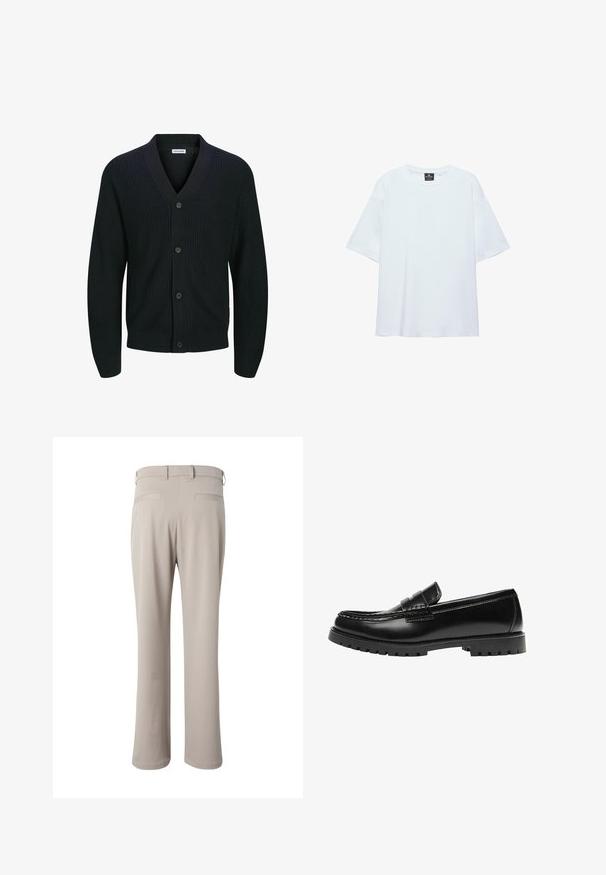 Cardigan en tricot noir avec un col en V, fermeture à cinq boutons à l'avant et texture côtelée. Les manches sont légèrement cintrées au niveau des poignets.; T-shirt blanc uni oversize à manches courtes avec col rond et étiquette noire à l'intérieur du col sur fond blanc.; Pantalon beige droit vu de dos, avec passants de ceinture et deux poches passepoilées à la taille.; Mocassin en cuir noir avec une semelle en caoutchouc épaisse et un détail classique de bride à monnaie, vu de côté extérieur.
