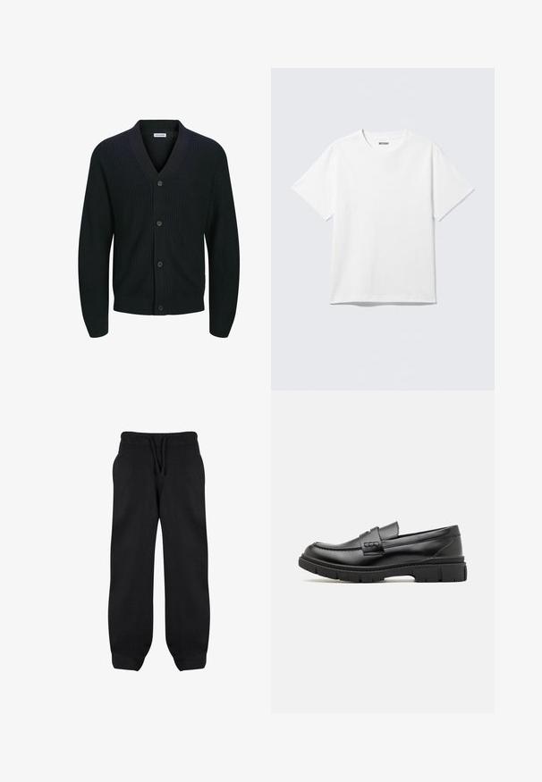 Cardigan de punto negro con escote en V, cierre frontal de cinco botones y textura acanalada. Las mangas están ligeramente ajustadas en los puños.; Camiseta blanca de manga corta con cuello redondo, colocada plana, diseño liso, con etiqueta "WEEKDAY" en el interior del cuello sobre un fondo claro.; Pantalones de chándal negros con cintura elástica, cordón y bolsillos laterales. Fabricados con una tela suave, tienen un corte holgado y tobillos ajustados.; Mocasin de cuero negro con una cinta ancha en el empeine, suela de goma con tacos gruesos y textura suave. Diseño clásico y elegante.