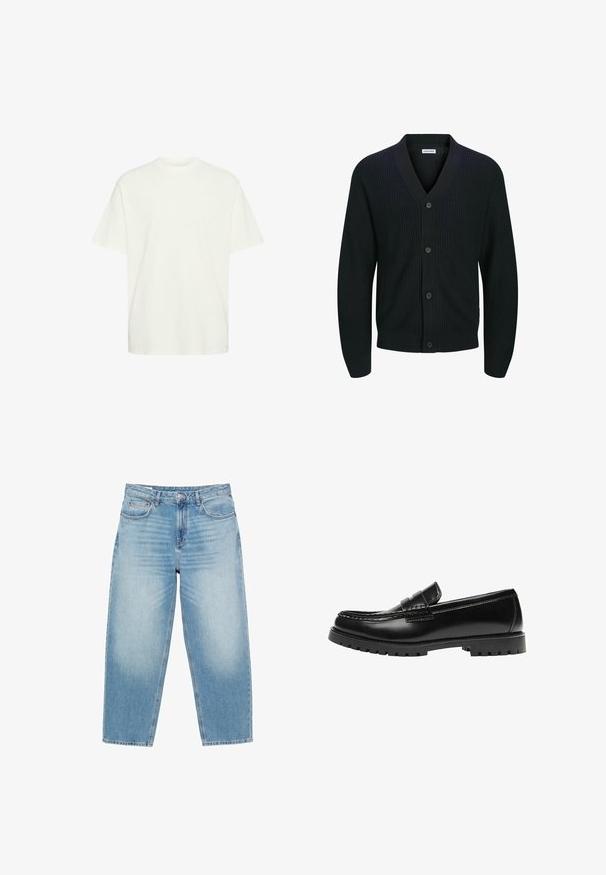 Zwarte gebreide cardigan met een V-hals, sluiting met vijf knopen aan de voorkant en ribbeltextuur. Mouwen zijn licht taps toelopend bij de manchetten.; Witte katoenen t-shirt met een losse pasvorm, ronde hals, korte mouwen en een vlakke zoom, met een gladde textuur en geen zichtbare patronen.; Lichtblauwe spijkerbroek met rechte pijp, knoop- en ritssluiting, en voor- en achterzakken.; Zwarte leren loafer met een dikke rubberen zool en klassieke penny-strap details, gezien vanaf de buitenkant.