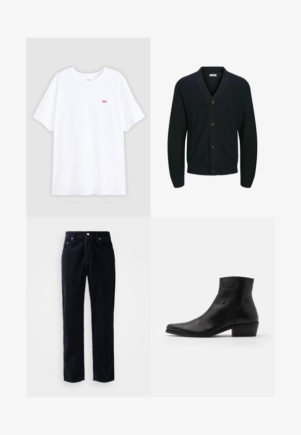 Sort strikket cardigan med V-hals, fem-knap lukning foran og ribbet tekstur. Ærmerne er let tilspidsede ved manchetten.; Hvid bomulds t-shirt med korte ærmer og rund halsudskæring. Har et lille rødt Levi's logo på venstre bryst. Flad design, uden mønstre.; Marineblå kordfløjspants med lige skæring, fem lommer og knaplukning. Har lodret ribbet tekstur og metal hardware detaljer.; Sort læder ankelstøvle med spids tå, minimale syninger, en mellem-høj blokhælt og en glat, poleret finish.