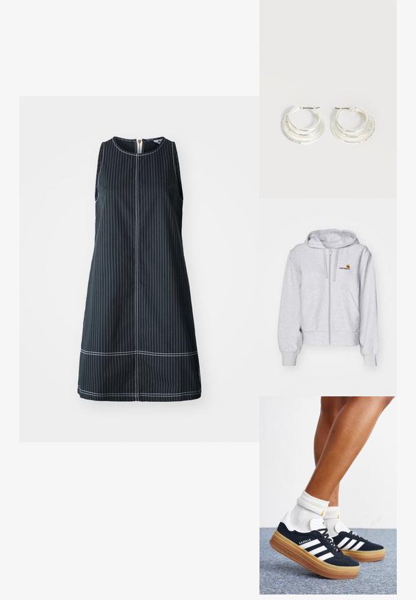 Ανοιχτό γκρι hoodie με φερμουάρ, κατασκευασμένο από μαλακό ύφασμα, με χαλαρή γραμμή, μπροστινές τσέπες και ένα μικρό κεντημένο λογότυπο στο αριστερό στήθος.; Αμάνικο ναυτικό φόρεμα με λευκές κατακόρυφες ρίγες, στρογγυλή λαιμόκοψη και φερμουάρ στην πλάτη. Διαθέτει ίσια γραμμή και αντίθετες λεπτομέρειες ραφής.; Πόδια με λευκές κάλτσες και μαύρα αθλητικά παπούτσια Adidas Gazelle με λευκές ρίγες και χοντρές καφέ σόλες σε γκρι χαλί.; Ασημένια σκουλαρίκια κρίκοι με τρεις στρωτές ημικυκλικές ζώνες, μία διακοσμημένη με μικρά διάφανα κρύσταλλα σε ανοιχτό φόντο.