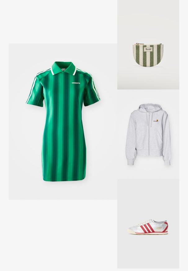 Haut de survêtement zippé gris clair en tissu doux, avec une coupe décontractée, des poches avant et un petit logo brodé sur la poitrine gauche.; Robe polo à rayures vertes en tissu lisse. Dotée d'un col, de manches courtes et du logo Adidas blanc. Rayures verticales de teintes variées.; Baskets Adidas avec une tige synthétique argentée, trois rayures rouges, semelle beige et un logo doré sur le côté, présentant un design à profil bas.; Petit porte-monnaie semi-circulaire avec des rayures verticales vertes et blanches et une fermeture éclair sur le dessus.