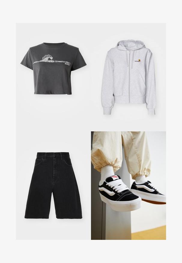 Ανοιχτό γκρι hoodie με φερμουάρ, κατασκευασμένο από μαλακό ύφασμα, με χαλαρή γραμμή, μπροστινές τσέπες και ένα μικρό κεντημένο λογότυπο στο αριστερό στήθος.; Σκούρο γκρι κοντομάνικο μπλουζάκι με λευκή καλλιτεχνική απεικόνιση κυμάτων, φοίνικα και το κείμενο "ROXY" μπροστά.; Μαύρες τζιν σορτς με ψηλή μέση, φαρδιά γραμμή, που διαθέτουν πέντε τσέπες και κούμπωμα με κουμπί. Λείος υφασματικός χαρακτήρας με ελάχιστη φθορά.; Άτομο που φοράει μαύρα και λευκά Vans sneakers με λευκά κορδόνια, λευκές κάλτσες και μπεζ παντελόνι με ελαστικές μανσέτες.