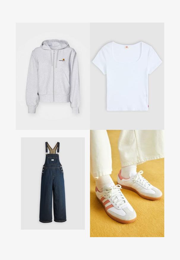 Sudadera con cremallera de color gris claro, fabricada en un tejido suave, con un corte relajado, bolsillos frontales y un pequeño logo bordado en el lado izquierdo del pecho.; Top blanco de manga corta con escote cuadrado, hecho de un tejido de textura acanalada. Presenta una pequeña etiqueta de logo roja en la parte inferior izquierda.; Pantalones de mezclilla azul oscuro con piernas anchas, tirantes ajustables y detalles de botones. Incluye un bolsillo frontal y una textura lisa y sólida.; Zapatillas deportivas blancas con acentos en rosa, materiales de ante y cuero, punta redonda y suela de goma, mostradas con calcetines de color claro sobre un fondo amarillo.