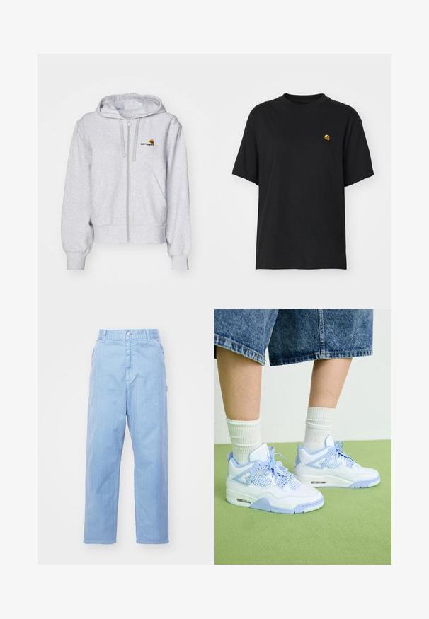 Lys grå zip-up hættetrøje lavet af blødt stof, med en afslappet pasform, forlommer og et lille broderet logo på venstre bryst.; Sort bomulds T-shirt med en afslappet pasform. Har en rund halsudskæring og korte ærmer. Inkluderer et lille guld broderet logo på brystet.; Lyseblå denimbukser med lige ben-design, knaplukning og forlommer. Stof har en subtil tekstur med en glat finish.; Hvide og lyseblå sneakers med mesh-detaljer, rund tå, snørebånd og en luftdæmpningsenhed, parret med hvide ribbede sokker og denimshorts.