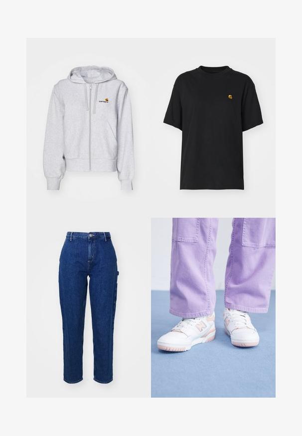 Sudadera con cremallera de color gris claro, fabricada en un tejido suave, con un corte relajado, bolsillos frontales y un pequeño logo bordado en el lado izquierdo del pecho.; Camiseta de algodón negra con un corte relajado. Presenta un cuello redondo y mangas cortas. Incluye un pequeño logotipo bordado en dorado en el pecho.; Vaqueros de mezclilla azul oscuro con cintura alta, corte recto, cierre frontal de botones y bolsillos laterales. Textura suave con un ligero estiramiento.; Zapatillas blancas con acentos rosas, parte superior de cuero texturizado y suela de goma, combinadas con pantalones de pierna ancha de color púrpura claro sobre una superficie azul.