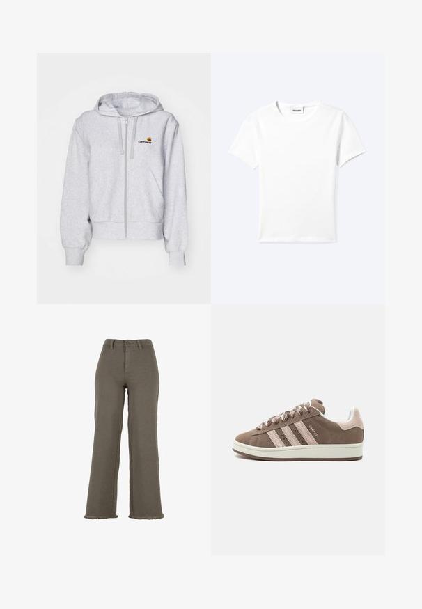 Lys grå zip-up hættetrøje lavet af blødt stof, med en afslappet pasform, forlommer og et lille broderet logo på venstre bryst.; Ensfarvet hvid t-shirt med korte ærmer og rund halsudskæring med en lille "WEEKDAY" label indeni halskanten, vist fladt på en lys baggrund.; Højttaljede olivengrønne vidde bukser med knap- og lynlåslukning, bærestropper og frynsede kanter.; Brun ruskind Adidas Campus sneaker med lyserøde striber, snørebånd og hælkappe, hvid sål og teksten "CAMPUS" på siden, vist set fra siden.
