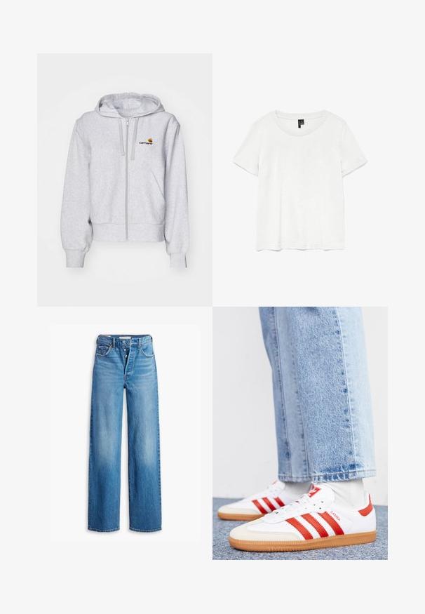 Hellgraue Zip-up Kapuzenjacke aus weichem Stoff, mit lockerer Passform, Fronttaschen und einem kleinen gestickten Logo auf der linken Brust.; Weißes T-Shirt mit kurzen Ärmeln und rundem Ausschnitt, hergestellt aus leichtem Stoff. Schlichtes Design, glatte Textur und gerader Saum.; Blaue Denim-Jeans mit hoher Taille, weitem Bein-Design und Fünf-Taschen-Stil. Sie verfügen über einen Knopfverschluss und ein verwaschenes Finish.; Weiße Leder Sneaker mit roten Streifen und Akzenten. Verfügt über eine strukturierte Gummi-Laufsohle und einen gepolsterten Schaft. Tragen mit hellblauer Jeans.