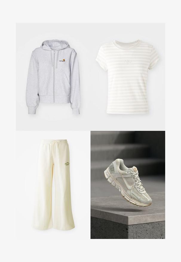 Sudadera con cremallera de color gris claro, fabricada en un tejido suave, con un corte relajado, bolsillos frontales y un pequeño logo bordado en el lado izquierdo del pecho.; Camiseta de tirantes cortos a rayas blancas, hecha de algodón suave. Presenta un cuello redondo y un pequeño logo de Nike bordado en el pecho.; Pantalones de chándal anchos color crema con cintura elástica y cordón ajustable. Texto bordado en verde "Athletic" en la parte frontal. Tejido suave.; Zapatilla de running color beige claro con parte superior de malla, forro suave, suela de goma y acentos en marrón. Presenta un logo de swoosh prominente en el lateral y paneles texturizados.