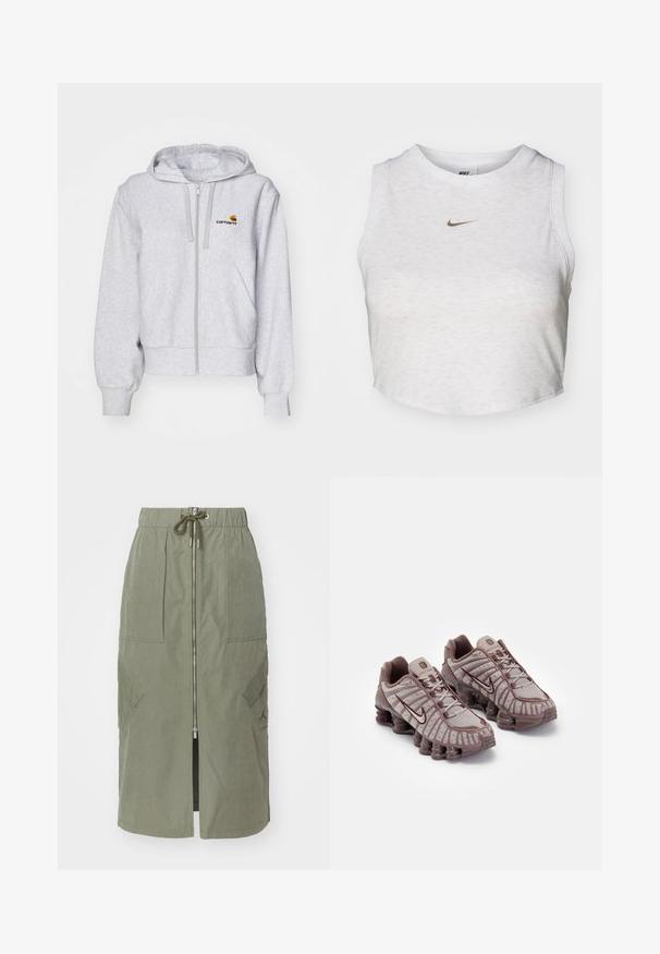 Hellgraue Zip-up Kapuzenjacke aus weichem Stoff, mit lockerer Passform, Fronttaschen und einem kleinen gestickten Logo auf der linken Brust.; Weißes Crop-Top aus weichem, strukturiertem Stoff. Verfügt über einen runden Ausschnitt und einen ärmellosen Schnitt mit einem kleinen goldenen Nike-Logo auf der Vorderseite.; Olivengrüner Midirock aus leichtem Stoff, mit einem Reißverschluss vorne, elastischem Taillenbund und großen Seitentaschen mit schrägen Klappen.; Nike Sportswear SHOX TL - Sneaker low - pumice/night maroon/plum eclipse