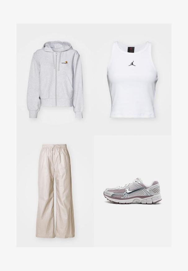 Lys grå zip-up hættetrøje lavet af blødt stof, med en afslappet pasform, forlommer og et lille broderet logo på venstre bryst.; Hvid cropped tanktop lavet af bomuld med ribbet tekstur. Har et sort Jordan-logo i midten og en klassisk rund halsudskæring.; Lys beige, vide bukser lavet af rynket stof, med elastisk talje og snøre samt sidelommer.; Nike atletik sko med en hvid mesh-overdel med sølvaccenter, pink detaljer og en tyk, polstret, struktureret sål.