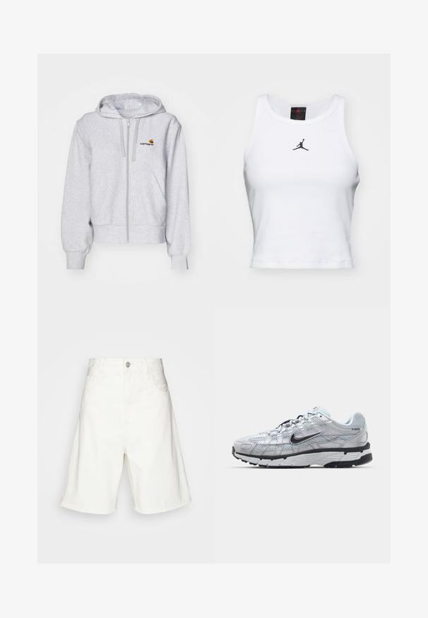 Sudadera con cremallera de color gris claro, fabricada en un tejido suave, con un corte relajado, bolsillos frontales y un pequeño logo bordado en el lado izquierdo del pecho.; Top corto blanco de algodón con textura acanalada. Cuenta con un logo negro de Jordan en el centro y un clásico escote redondo.; Shorts de mezclilla blanca con una cintura alta, que cuentan con un cierre de botón frontal, dos bolsillos laterales y un ajuste relajado. Textura suave sin patrones visibles.; Zapatillas Nike P-6000 con parte superior de malla gris claro, acentos negros y suela de goma negra duradera. Presentan un diseño intrincado y un sistema de cordones.