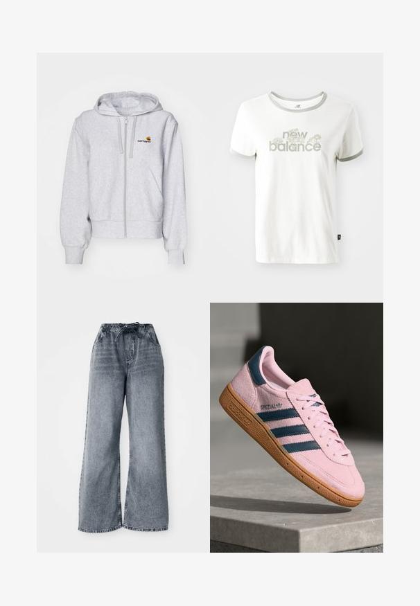 Lys grå zip-up hættetrøje lavet af blødt stof, med en afslappet pasform, forlommer og et lille broderet logo på venstre bryst.; Hvid bomulds T-shirt med grå kant, der har et blomstermotiv og teksten "new balance" i lys grøn. Korte ærmer, almindelig pasform.; Grå jeans med brede ben, elastisk talje, snøre lukning og sidelommer. Bleget tekstur over hele stoffet.; Lyserød ruskindssneaker med marineblå tre striber, gummisål og lyserøde snørebånd. Har "SPEZIAL"-branding på siden.