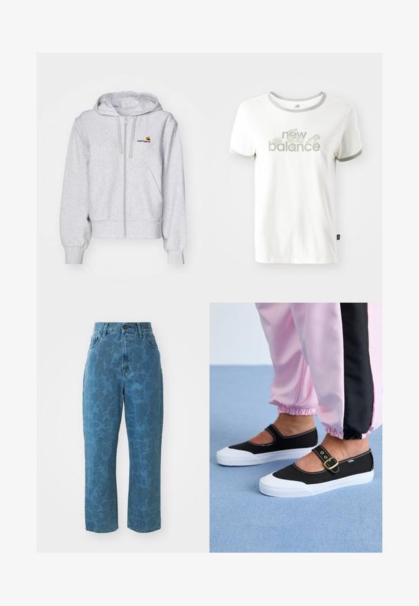 Lys grå zip-up hættetrøje lavet af blødt stof, med en afslappet pasform, forlommer og et lille broderet logo på venstre bryst.; Hvid bomulds T-shirt med grå kant, der har et blomstermotiv og teksten "new balance" i lys grøn. Korte ærmer, almindelig pasform.; Lyseblå denim jeans med en subtil mønstret struktur, høj talje og lige ben. Har en frontlukning med knap og lynlås.; Sorte lærredssko med en hvid sål, der har et udskæringsdesign og et guldspænde. Bæret med lyserøde træningsbukser.