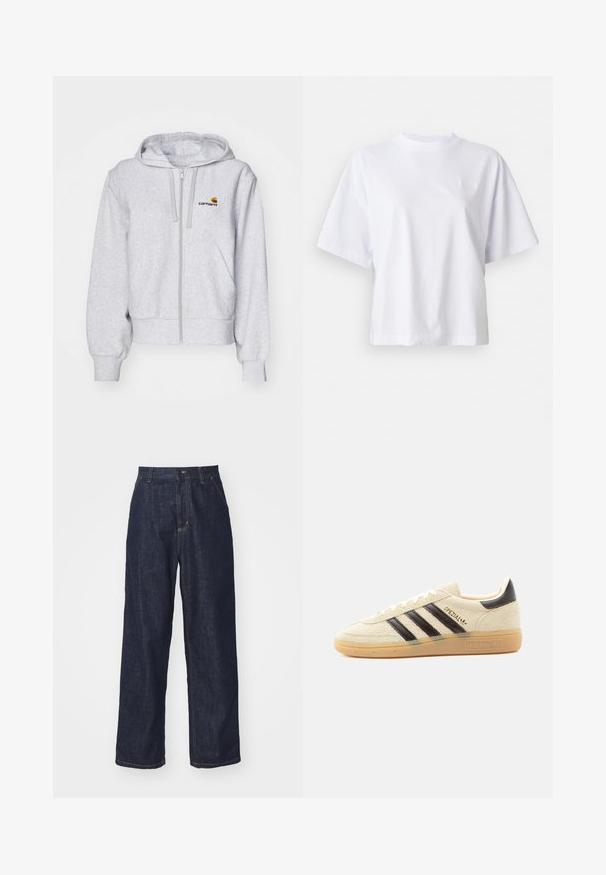 Haut de survêtement zippé gris clair en tissu doux, avec une coupe décontractée, des poches avant et un petit logo brodé sur la poitrine gauche.; T-shirt en coton blanc avec une coupe décontractée, des manches courtes et un col rond côtelé. Présente un branding subtil sur la poitrine.; Jeans en denim droit bleu foncé avec passants de ceinture, bouton avant et poches latérales sur fond blanc.; Baskets en daim crème avec des rayures noires, semelle en gomme, languette noire au talon et texte doré "SPEZIAL" sur le côté.