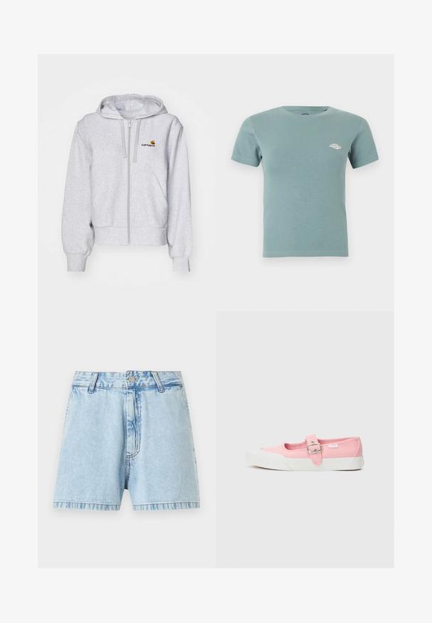 Ανοιχτό γκρι hoodie με φερμουάρ, κατασκευασμένο από μαλακό ύφασμα, με χαλαρή γραμμή, μπροστινές τσέπες και ένα μικρό κεντημένο λογότυπο στο αριστερό στήθος.; Κοντομάνικη, ανοιχτό μπλε ριμπ βαμβακερή μπλούζα με μικρό λευκό λογότυπο στο αριστερό στήθος και στρογγυλή λαιμόκοψη.; Ανοιχτό μπλε τζιν σορτς με κούμπωμα κουμπιού και φερμουάρ, θηλιές για ζώνη και ελαφρώς ξεθωριασμένη υφή.; Ροζ καμβάς παπούτσι με επίπεδη σόλα, διαθέτει λουράκι και πόρπη στο μέσο του ποδιού. Λευκή καουτσούκ σόλα με καθαρό, απλό σχέδιο.