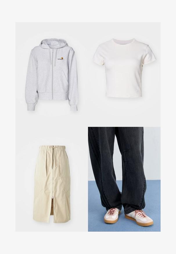 Huppari, joka on vaaleanharmaa ja vetoketjullinen, valmistettu pehmeästä kankaasta. Hupparissa on rento malli, etutaskut ja pieni brodeerattu logo vasemmassa rinnassa.; Denim Project DPMDPWRIBBED CROPPED T-SHIRT - T-paita - jet stream; Harmaa, keskipitkä hame, joka on valmistettu kevyestä kankaasta. Ominaisuuksiin kuuluu etuvetoketju, joustava vyötärö ja sivutaskut kulmikkailla muodoilla.; Musta, löysä farkkushortsit, joissa on etupuolella ompeluyksityiskohtia, yhdistettynä valkoisiin ja vaaleanpunaisiin tennareihin, joissa on kumipohja ja vaaleanpunaiset nauhat.