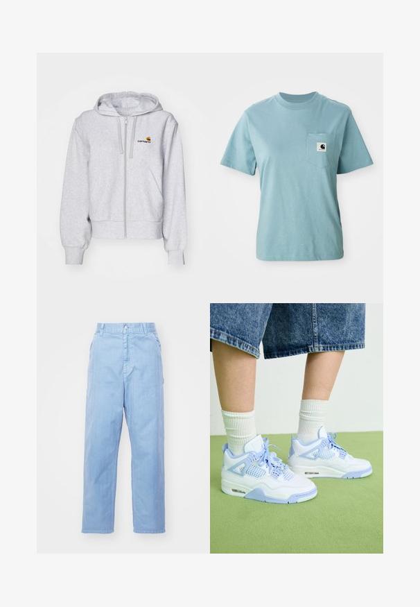 Lys grå zip-up hættetrøje lavet af blødt stof, med en afslappet pasform, forlommer og et lille broderet logo på venstre bryst.; Lyseblå kortærmet bomulds T-shirt med brystlomme og et lille sort-hvidt Carhartt logo patch.; Lyseblå denimbukser med lige ben-design, knaplukning og forlommer. Stof har en subtil tekstur med en glat finish.; Hvide og lyseblå sneakers med mesh-detaljer, rund tå, snørebånd og en luftdæmpningsenhed, parret med hvide ribbede sokker og denimshorts.