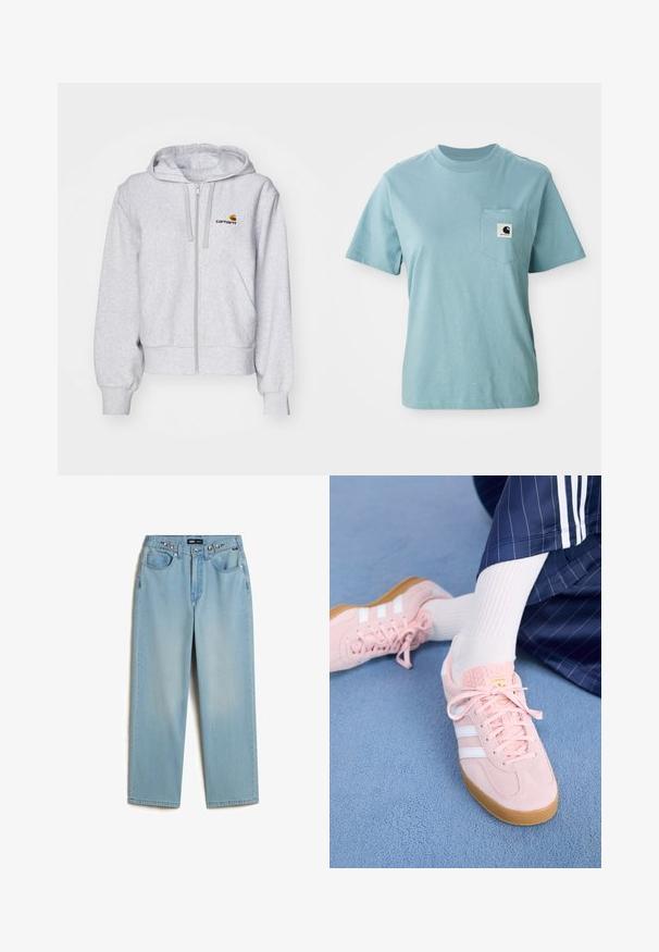 Hellgraue Zip-up Kapuzenjacke aus weichem Stoff, mit lockerer Passform, Fronttaschen und einem kleinen gestickten Logo auf der linken Brust.; Helles blaues, kurzärmliges Baumwoll-T-Shirt mit Brusttasche, das mit einem kleinen schwarz-weißen Carhartt-Logo-Patch versehen ist.; Vans CINCHED CHECK - Baggy Jeans - light stonewash; Hellrosa Wildleder-Sneaker mit weißen Streifen und Schnürsenkeln, ausgestattet mit einer strukturierten Zunge und einer Gummisohle, auf einem blauen Teppich platziert.