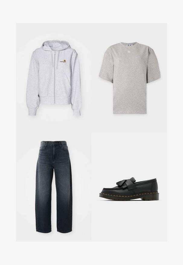Lichtgrijze zip-up hoodie van zacht materiaal, met een relaxed fit, voorzakken en een klein geborduurd logo op de linkerborst.; Lichtgrijs Adidas T-shirt met korte mouwen, ronde hals en klein wit Adidas-logo op de borst, weergegeven op een effen achtergrond.; Wijd gesneden jeans in een donkere denimwas, met een hoge taille, klassieke knoop- en ritssluiting en subtiele vervaging aan de voorkant.; Zwarte leren loafers met een ronde neus, voorzien van een franjesdetail en een decoratieve band aan de voorkant, geplaatst op een chunky hak.