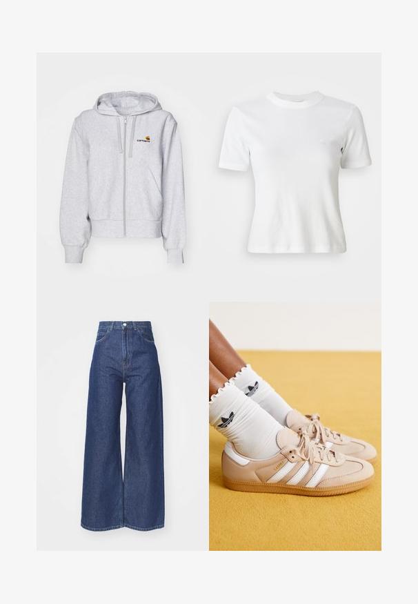 Lys grå zip-up hættetrøje lavet af blødt stof, med en afslappet pasform, forlommer og et lille broderet logo på venstre bryst.; Hvid ribbet kortærmet T-shirt med rund halsudskæring og et lille logo på brystet. Lavet af blødt stof med en tætsiddende pasform.; Bredde ben jeans lavet af mørkeblå denim. Høj talje med lynlås og knaplukning. Har klassisk fem-lomme stil og omfoldede kanter.; Beige lædersneakers med hvide striber og guld branding, parret med hvide rynkede sokker med et sort logo. Tekstureret gummisål.