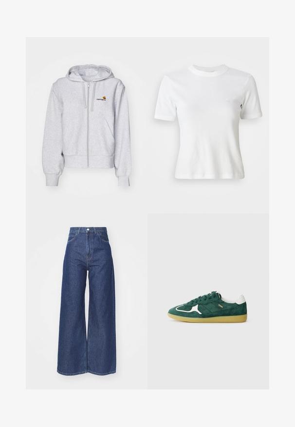 Sudadera con cremallera de color gris claro, fabricada en un tejido suave, con un corte relajado, bolsillos frontales y un pequeño logo bordado en el lado izquierdo del pecho.; Camiseta blanca de manga corta con canalé, escote redondo y un pequeño logo en el pecho. Fabricada con una tela suave y con un diseño ajustado.; Jeans de pierna ancha hechos de denim azul oscuro. Diseño de altura alta con cremallera y cierre de botón. Cuenta con el estilo clásico de cinco bolsillos y bordes rematados.; Zapatillas verdes de ante con acentos blancos, detalles perforados y suela de goma texturizada. Presenta cordones redondos y talón acolchado.