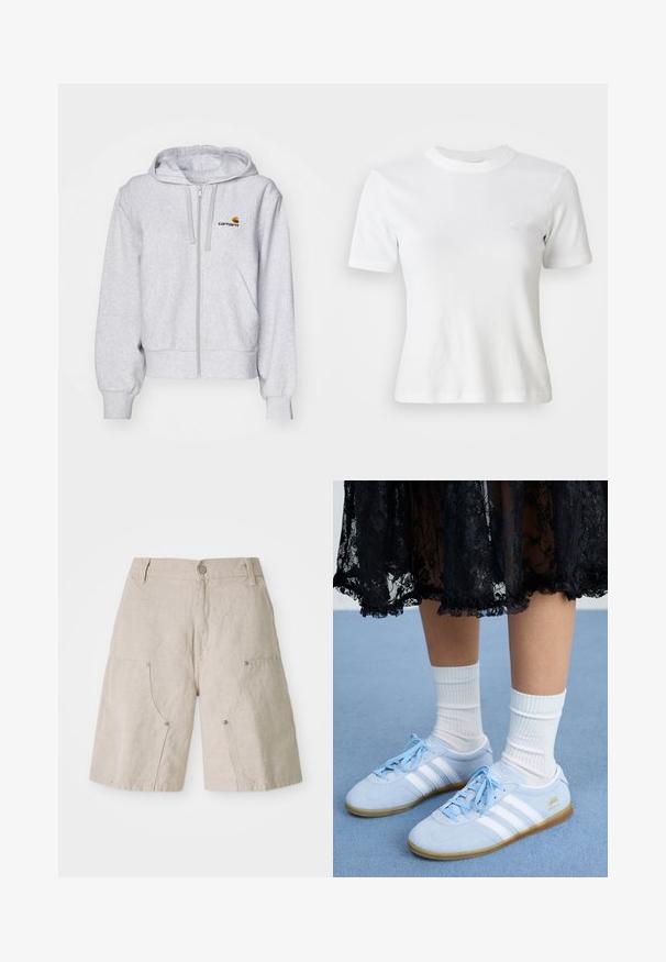 Lys grå zip-up hættetrøje lavet af blødt stof, med en afslappet pasform, forlommer og et lille broderet logo på venstre bryst.; Hvid ribbet kortærmet T-shirt med rund halsudskæring og et lille logo på brystet. Lavet af blødt stof med en tætsiddende pasform.; Beige linnedshorts med en afslappet pasform, der har to forlommer og cirkulære metaldetaljer. Afslappet design med en tekstureret overflade.; Lyseblå sneakers med hvide striber og hvide sokker, båret med en sort blondekjole, på en blå tæppeoverflade.
