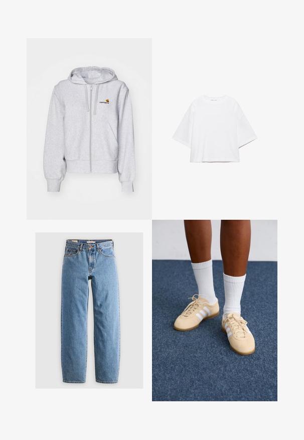 Lys grå zip-up hættetrøje lavet af blødt stof, med en afslappet pasform, forlommer og et lille broderet logo på venstre bryst.; Hvid, kortærmet, løs t-shirt lavet af blød bomuld. Har rund halsudskæring og brede ærmer, med et rent, enkelt design.; Lysblå denim jeans med lige ben-design, fem lommer, lynlås og en subtil falmet tekstur. Klassisk stil med minimal hardware.; Person i beige Adidas sneakers med hvide striber og hvide ankelstrømper, stående på et blåt tæppe.